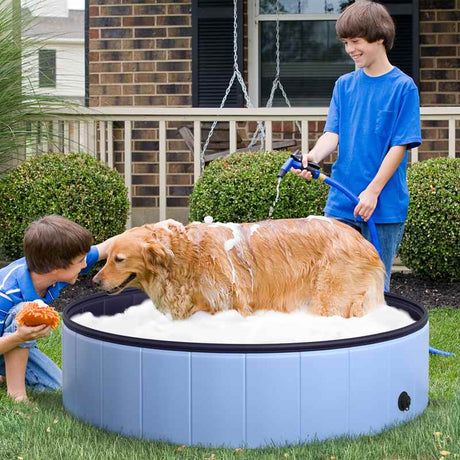 PawHut Foldable Dog Paddling Pool Pet Cat Swimming Pool Indoor/Outdoor Collapsible Summer Bathing Tub Shower Tub Puppy Washer (Φ120 × 30H cm, Blue)