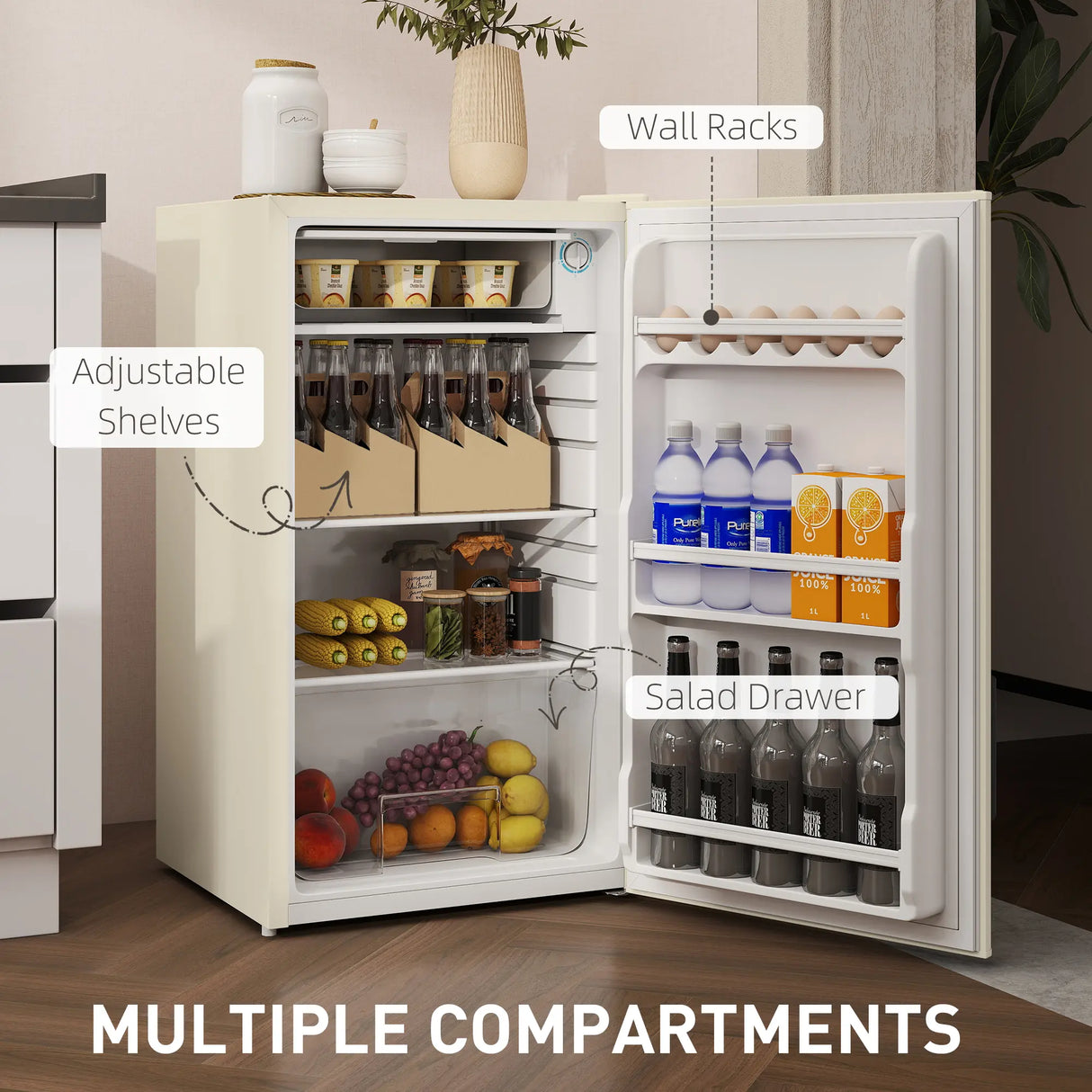 HOMCOM Under Counter Fridge, 91L Small Fridge with Chiller Box, Removable Shelf, Reversible Door, Adjustable Legs, Mini Refrigerator, Beige