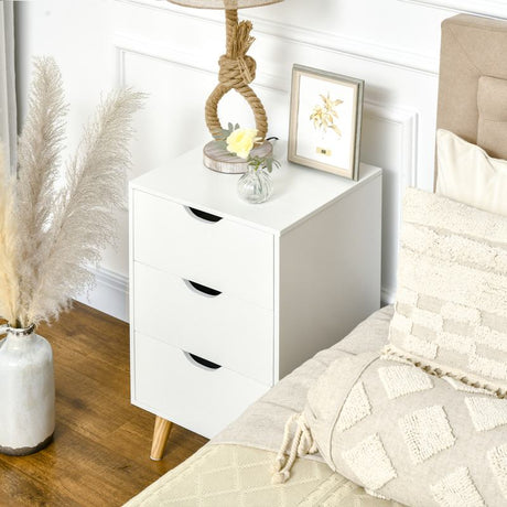 HOMCOM Bedside Table, Bedside Cabinet with 3 Drawers, Small Side Table with Wood Legs and Cut-out Handles for Bedroom, White