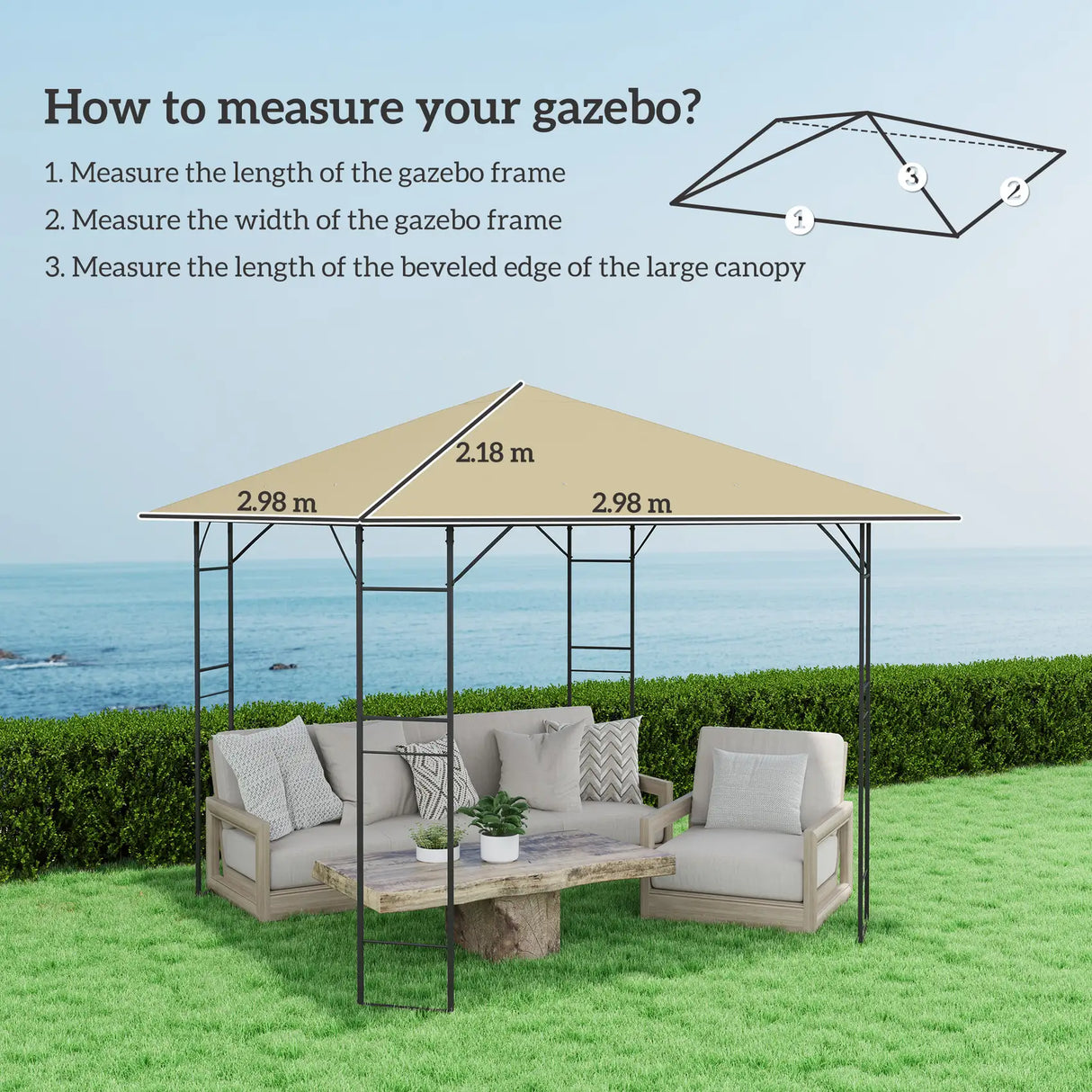 Outsunny 3 x 3(m) Gazebo Canopy Replacement Cover, Garden Gazebo Roof Replacement with Drain Holes, Water Resistant PVC Coating, 370g/, UPF30+, TOP COVER ONLY, Beige