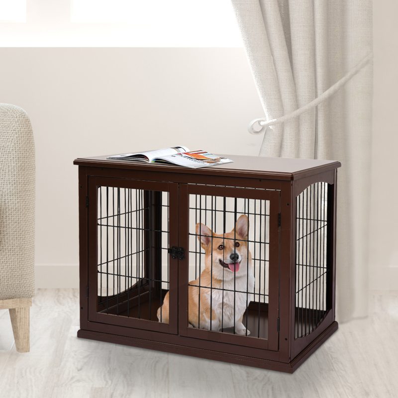 PawHut Dog Crate, Furniture Style Puppy Cage End Table, Pet Kennel House with 3 Doors for Small Dog, Brown 81 x 58.5 x 66 cm