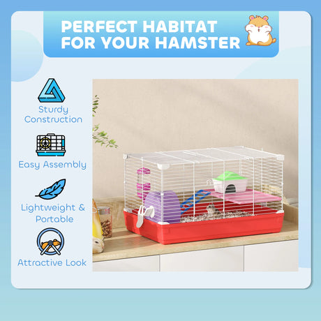 PawHut Hamster Cage, Small Gerbil Cage 2 Tiers Portable w/ Handle, Exercise Wheel, Water Bottle, Dishes