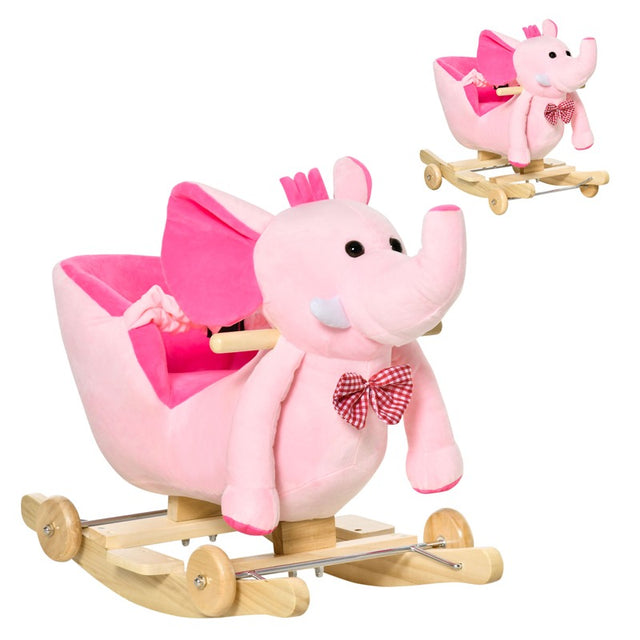 HOMCOM 2 In 1 Plush Baby Ride on Rocking Horse Elephant Rocker with Wheels Wooden Toy for Kids 32 Songs for 18+ Months (Pink)