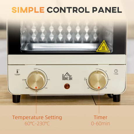 HOMCOM Mini Oven, 15 Litres Electric Oven and Grill with 60-230 Adjustable Temperature, 60 Minute Timer, Include Baking Tray, Wire Rack and Crumb Tray, 1000W, Cream White