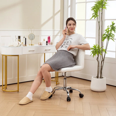 HOMCOM PU Leather Armless Office Chair, Modern Vanity Computer Swivel Chair with Rolling Wheels and Adjustable Height for Home Study, Bedroom, White