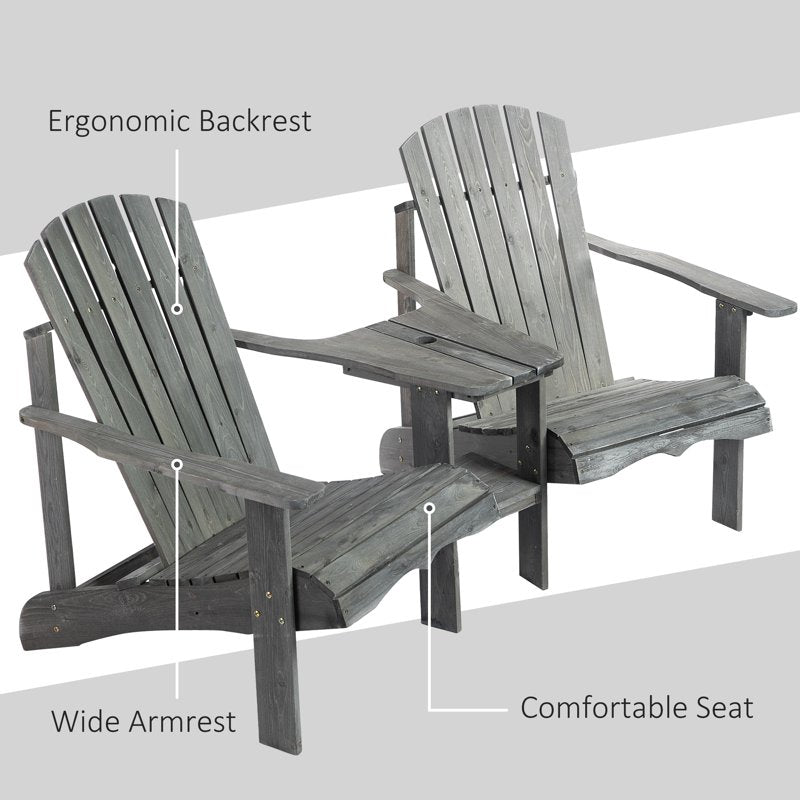 Outsunny Wooden Outdoor Double Adirondack Chairs Loveseat w/ Centre Table and Umbrella Hole, Garden Patio Furniture for Lounging and Relaxing, Grey