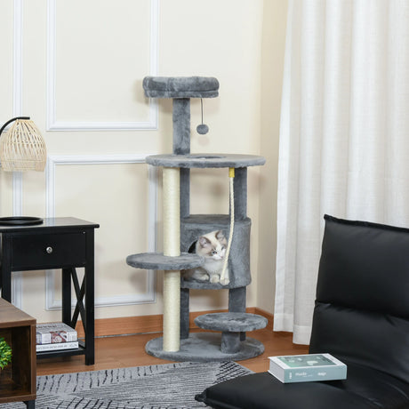PawHut Cat Tree Tower for Indoor Cats 112cm Climbing Kitten Activity Center with Jute Scratching Post Perch Hanging Ball Toy Teasing Rope Dark grey