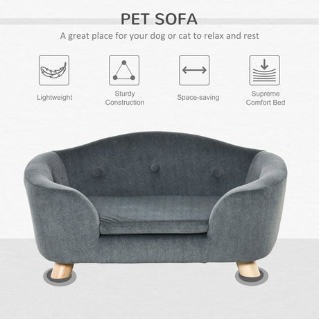 PawHut Dog Sofa Bed Pet Chair Couch with Water Resistant Fabric, Kitten Lounge with Soft Cushion, Wooden Frame for Mini Size Dogs - Grey
