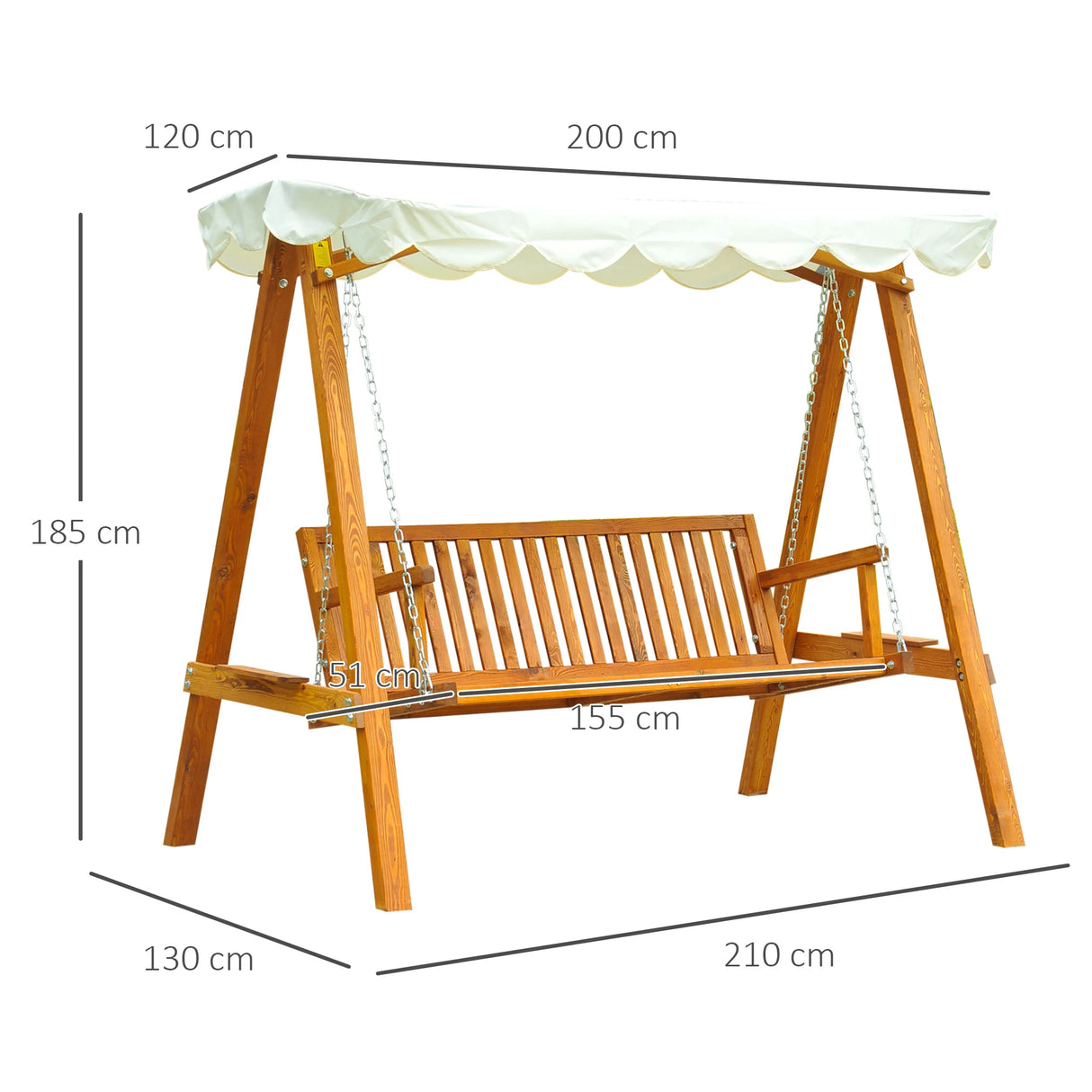 Outsunny 3 Seater Garden Swing Seat with Canopy, Wooden Swing Chair, Outdoor Hammock Bench for Balcony Patio Porch, Cream White
