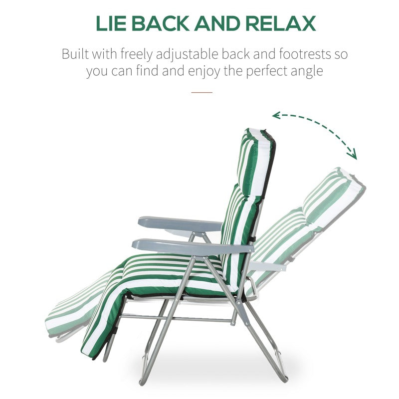 Outsunny 2 Pieces Outdoor Sun Lounger Set with Cushions, Patio Folding 5-Level   Adjustable Backrest Recliner Chairs Set of 2 with High Backrest and Armrests, Green & White