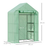 Outsunny Walk In Greenhouse with Shelves, Portable Gardening Plant Grow House for Outdoor with 2 Tier Shelf, Roll-Up Zippered Door, PE Cover, 141 x 72 x 191cm, Green