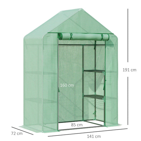 Outsunny Walk In Greenhouse with Shelves, Portable Gardening Plant Grow House for Outdoor with 2 Tier Shelf, Roll-Up Zippered Door, PE Cover, 141 x 72 x 191cm, Green