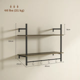 HOMCOM Wall Mounted Floating Shelves with 4 Hooks, Rustic Wall Shelf Unit for Living Room, Entryway, Grey