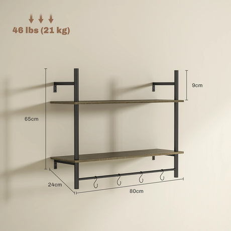 HOMCOM Wall Mounted Floating Shelves with 4 Hooks, Rustic Wall Shelf Unit for Living Room, Entryway, Grey