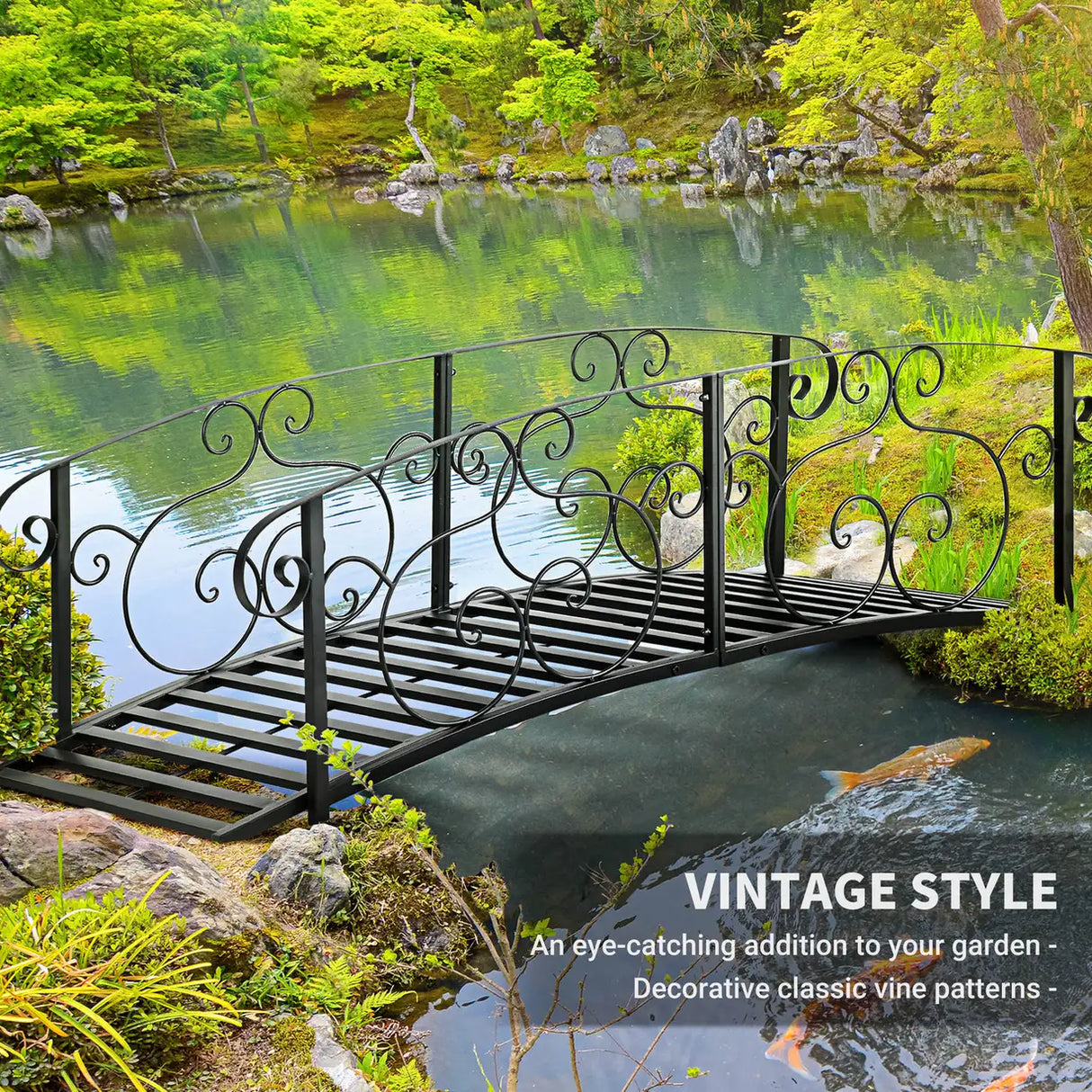 Outsunny 184cm Metal Arch Garden Garden Bridge, Safety Siderails, Arc Footbridge for Garden Creek, Stream, Pond, Black
