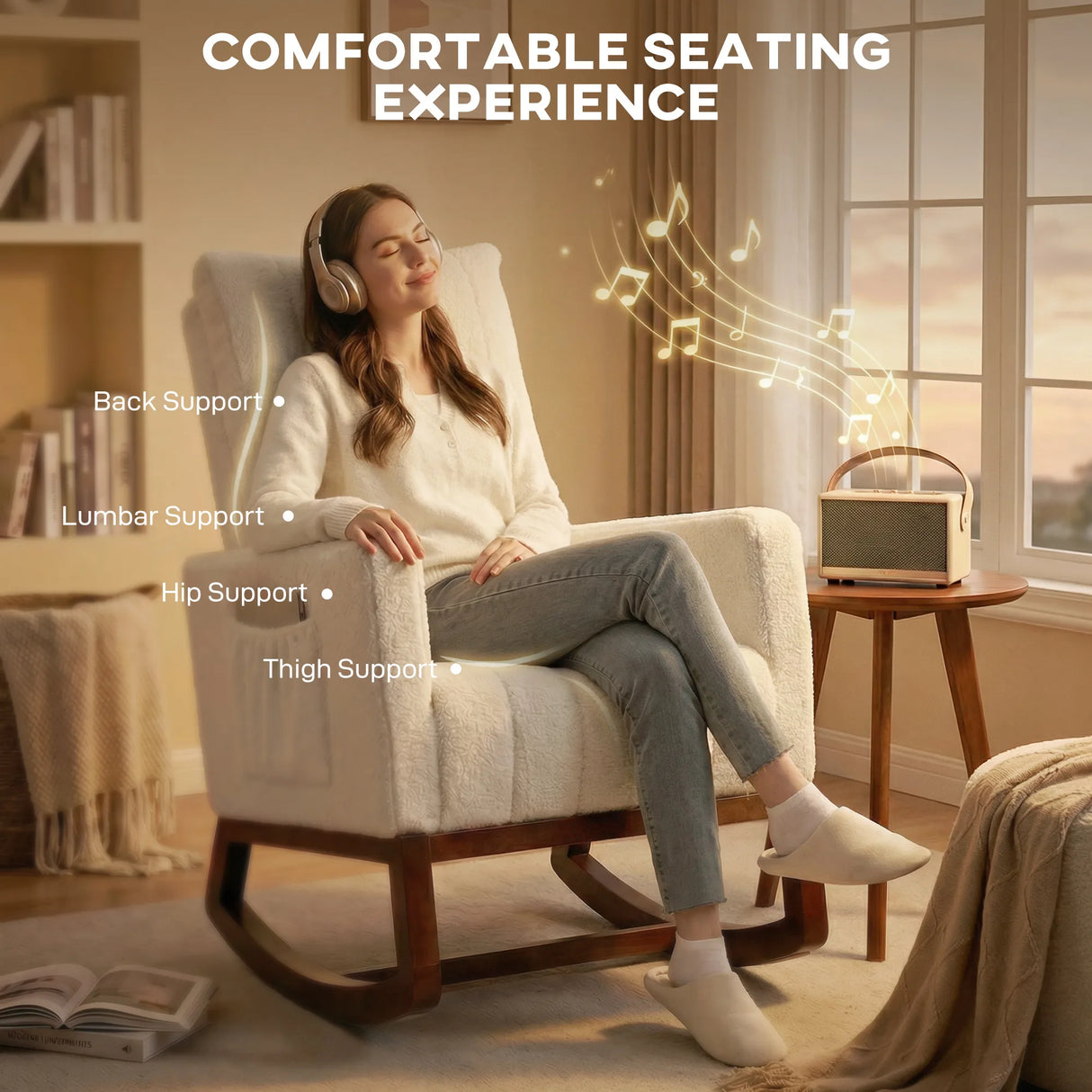 HOMCOM Rocking Chair for Adults, Lounge Rocker Chair with Lumbar Pillow, High Back, Wood Base, Side Pockets, Cream White