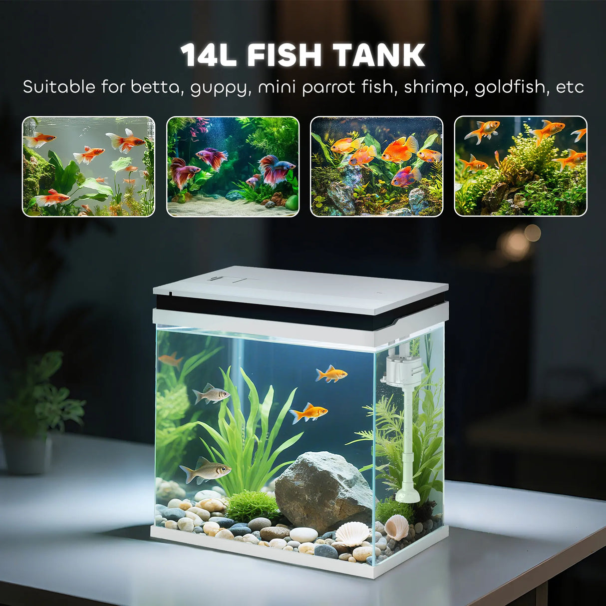 PawHut 14L Glass Fish Tank With Filter System, LED Lights, Water Pump, White