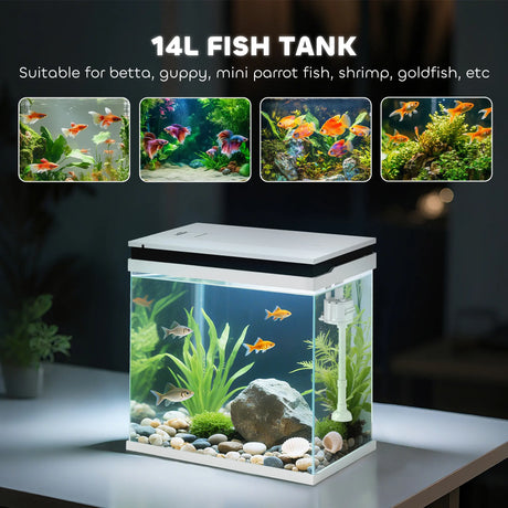 PawHut 14L Glass Fish Tank With Filter System, LED Lights, Water Pump, White