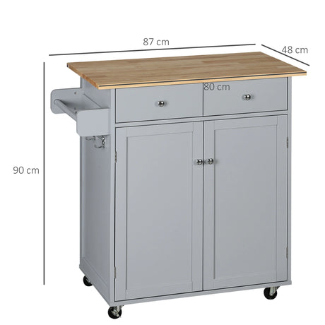 HOMCOM Rolling Kitchen Island on Wheels, Utility Serving Cart with Rubber Wood Top, Towel Rack, Hooks and Storage Drawers, Grey