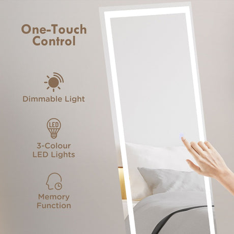 HOMCOM Standing Dressing Mirror with LED Lights, Wall Dressing Mirror for Bedroom with Dimmable and 3 Colour Lighting, White