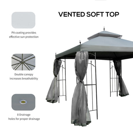 Outsunny 3(M)x3(M) Garden Gazebo Double Top Outdoor Canopy Patio Event Party Wedding Tent Backyard Sun Shade with Netting - Grey