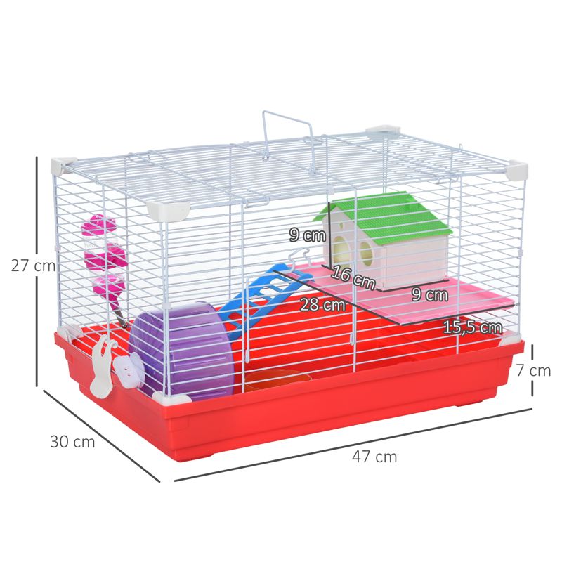 PawHut Hamster Cage, Small Gerbil Cage 2 Tiers Portable w/ Handle, Exercise Wheel, Water Bottle, Dishes