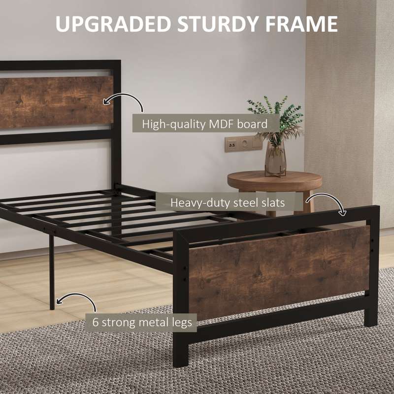 HOMCOM Single Size Metal Bed Frame with Headboard & Footboard, Strong Slat Support Solid Bedstead Base w/ Underbed Storage Space, Bedroom Furniture For Adults