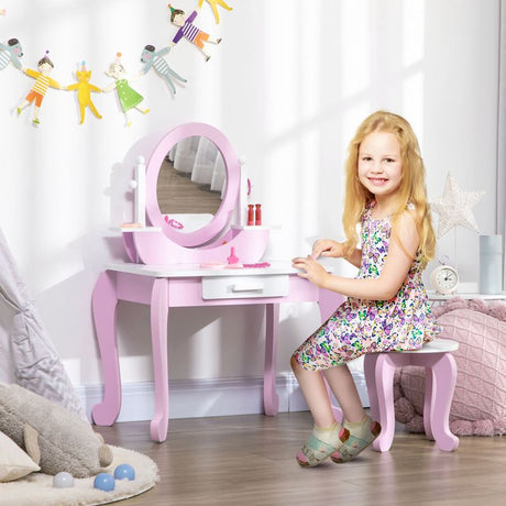 ZONEKIZ Kids Dressing Table Set, with Mirror, Stool, for Ages 3-6 Years - Pink