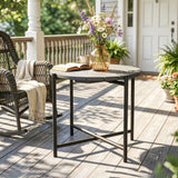 Outsunny 54 cm Round Outdoor Side Table, Industrial Small Garden Table with Slatted Wood Top and Metal Frame, Dark Grey