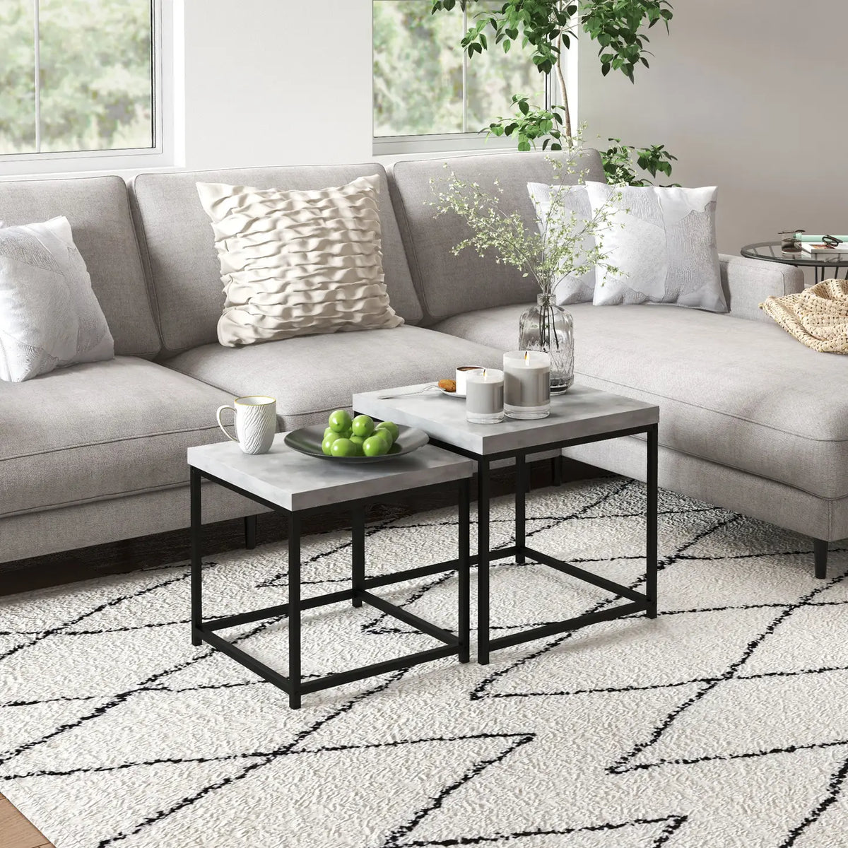 HOMCOM Coffee Table Set of 2, Nest of Tables with 3.5cm Thick Tabletop, Grey