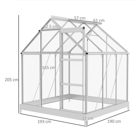 Outsunny 6 x 6ft Walk-In Greenhouse, Polycarbonate Greenhouse with Sliding Door, Window, Aluminium Frame, Foundation, Silver