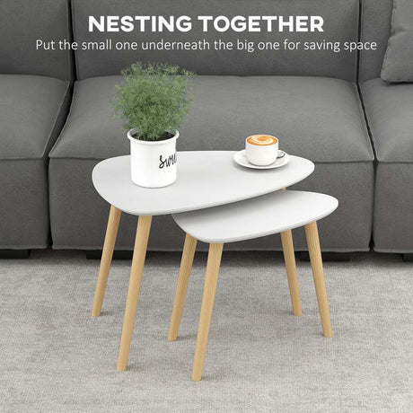 HOMCOM Nesting Coffee Table, Set of 2 Side Tables, Stacking End Tables with Solid Wood Legs, for Living Room Bedroom, Light Grey