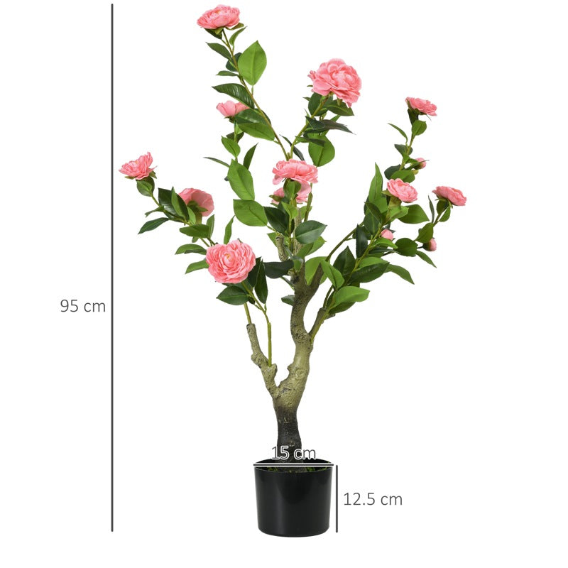 HOMCOM Artificial Plant Camellia Flower in Pot, Fake Plant for Indoor Outdoor, 95cm, Pink