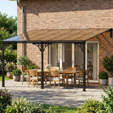 Outsunny 4 x 3 m Metal Lean-to Pergola, Wall-Mounted Garden Pergola with Polycarbonate Roof and Metal-Aluminium Frame, Heavy Duty Hardtop Gazebo for Outdoor Patios, BBQ, Brown