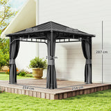 Outsunny 3 x 3(m) Hardtop Gazebo with Galvanised Steel Roof and Water Gutter, Waterproof Permanent Pavilion Garden Gazebo with Netting and Curtains for Patio, Deck