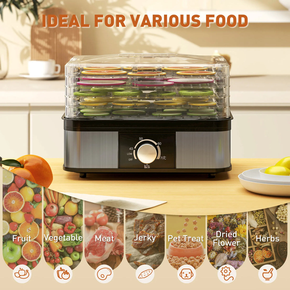 HOMCOM 5 Tier Food Dehydrator, 245W Stainless Steel Food Dryer Machine with Adjustable Temperature for Drying Fruit, Meat, Vegetable, Jerky and Pet Treat, Black
