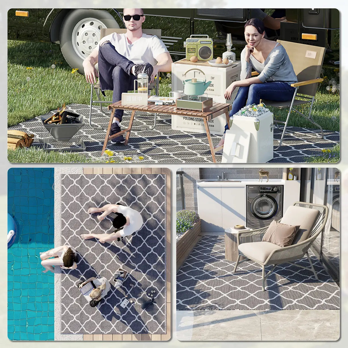 Outsunny Reversible Outdoor Rug with Carry Bag, Waterproof Plastic Straw Mat for Garden, Deck, RV, Picnic, Beach, Camping, 182 x 274cm, Grey