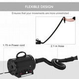 PawHut Dog Hair Dryer Pet Grooming Blaster Dryer Blower Adjustable Temperature Speed with 2.1M Flexible Hose 3 Nozzles - Black