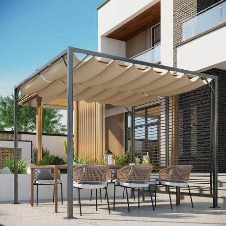 Outsunny 3 x 2.8m Metal Pergola, with Retractable Fabric Roof - Beige