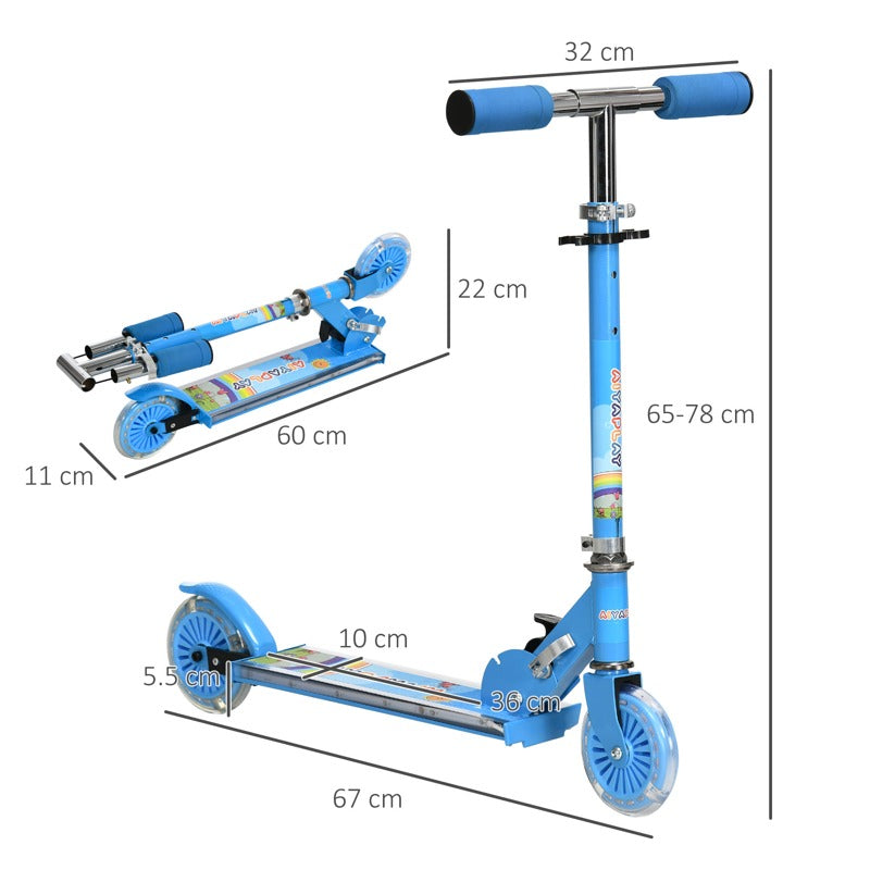 HOMCOM Kids Scooter, with Lights, Music, Adjustable Height, Foldable Frame, for Ages 3-7 Years - Blue