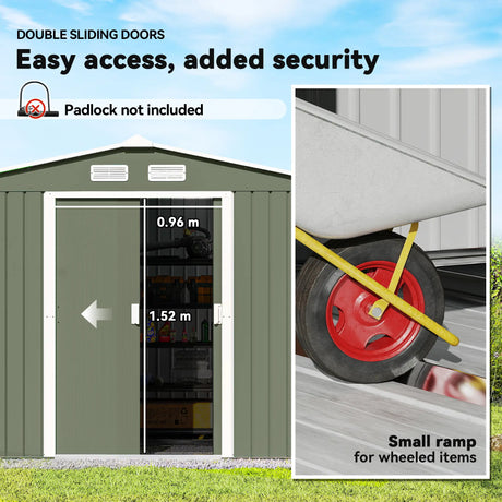 Outsunny 9 x 6ft Metal Garden Shed, Outdoor Storage Tool House with Ventilation Slots, Foundation Kit and Lockable Double Doors, Light Green
