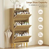 HOMCOM Narrow Shoe Cabinet, Modern Shoe Storage Cabinet with 3 Flip Drawers, Oak