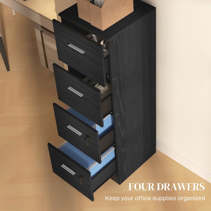 HOMCOM Four-Drawer Lockable Filing Cabinet - Black Wood Effect