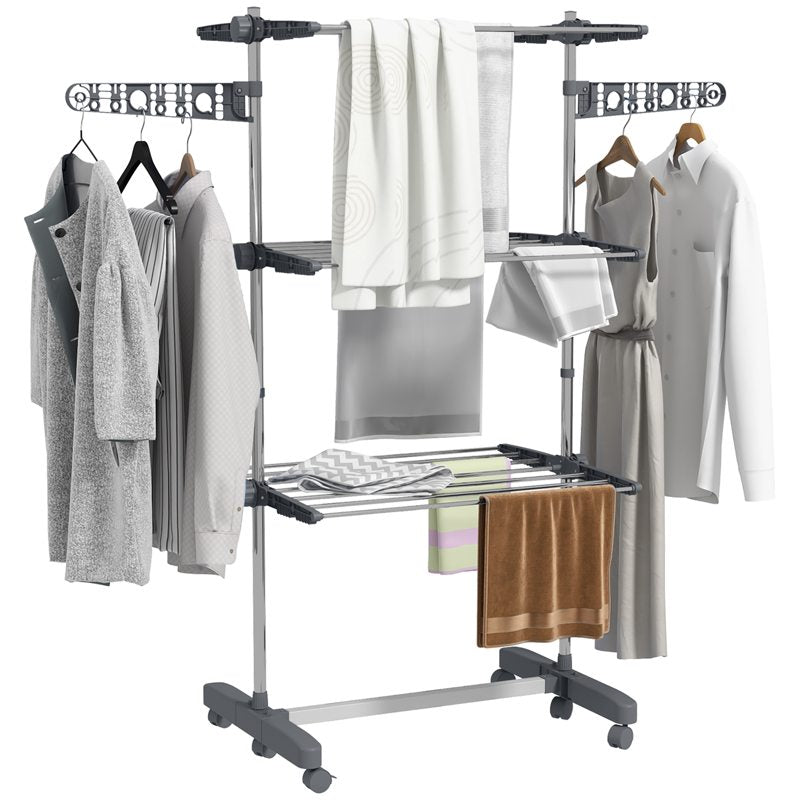 HOMCOM Three-Shelf Collapsing Clothes Horse, With Side Arms and Wheels - Grey