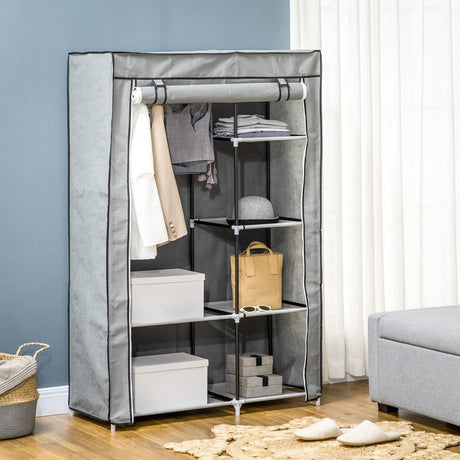 HOMCOM Fabric Wardrobe, Portable Wardrobe with 6 Shelves, 1 Hanging Rail, Foldable Closets, 103 x 43 x 162.5 cm, Light Grey