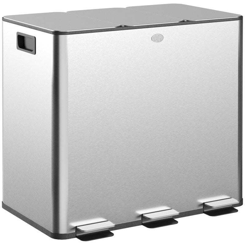 HOMCOM 3 x 15L Pedal Bin, Steel Triple Kitchen Bin with Soft Close Lid, Removable Inner Buckets, Fingerprint-Proof, Silver