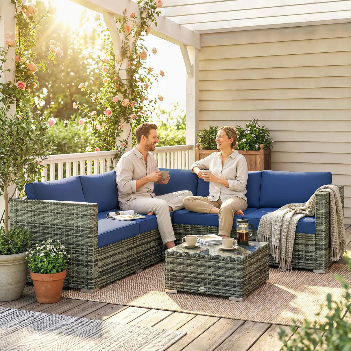 Outsunny Four-Piece Rattan Sofa Set - Blue