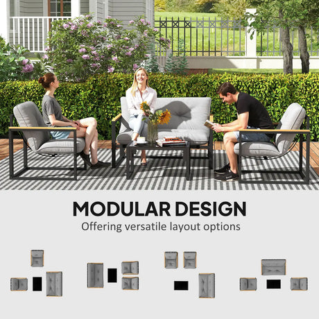 Outsunny Garden Furniture Set, 4 Piece Indoor Outdoor Conservatory with Loveseat Sofa, Armchairs, Glass Top Coffee Table, Cushions for Balcony, Poolside, Patio, Light Grey