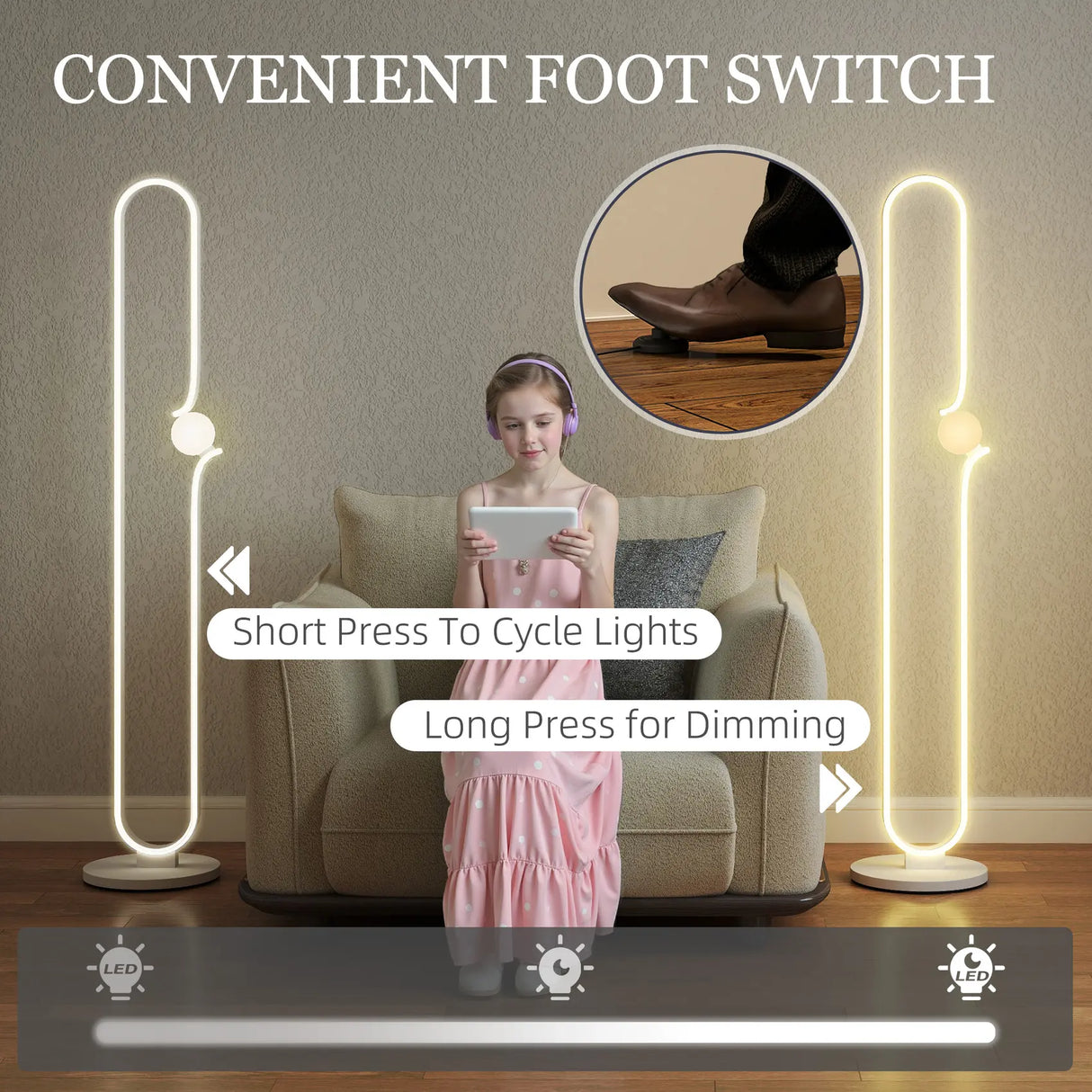 HOMCOM LED Floor Lamp, Dimmable Floor Standing Lamp with Glass Night Light, Foot Switch for Living Room, Bedroom, Office, White