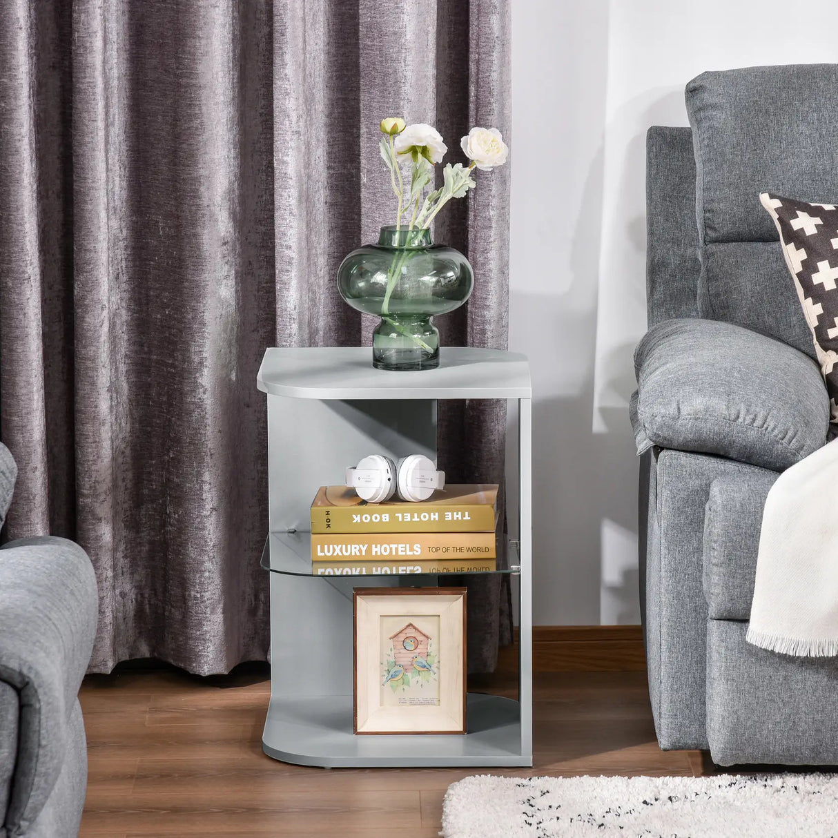 HOMCOM Modern Side Table Three Layer Bedside Table Nightstand with 2 Storage Shelves, for Living room, Bedroom, Grey